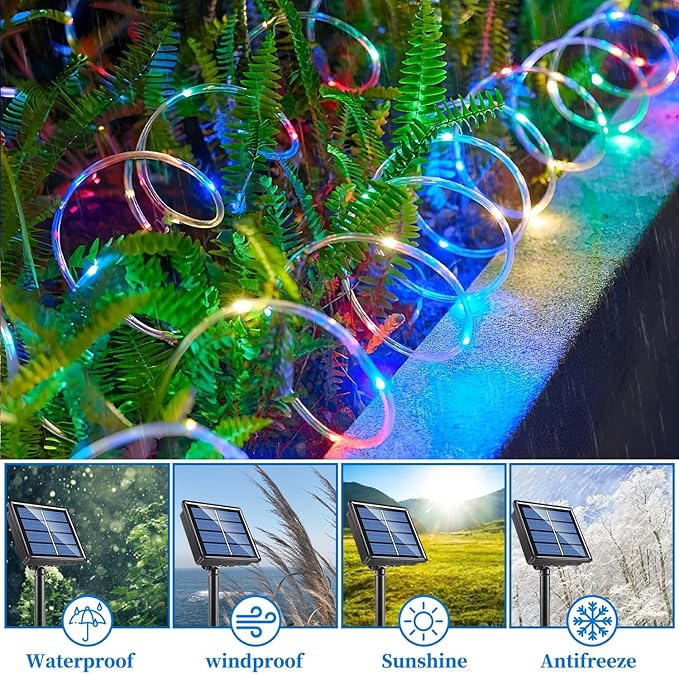 ANJAYLIA 33FT 100 LED Solar Rope Lights Outdoor Waterproof, Solar Powered Rope String Lights with 8 Modes for Outdoor, Patio, Garden, Camping, Holiday & Christmas Décor Multicolor
