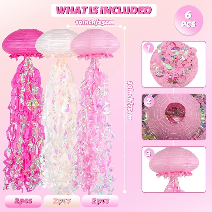 ADLKGG Jelly fish Paper Lanterns, Under the Sea Party Decortions, 6pcs Hanging Medusa Paper Lantern for Mermaid Underwater World Ocean Themed Birthday Party Baby Shower Classroom Decor (Pink)