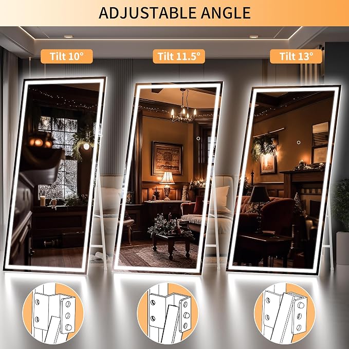 Hasipu Full Length Mirror with Lights, 83" x 36" LED Lighted Floor Standing, Full Body Dressing Hanging Mounted Mirror, Tempered Glass, Square White