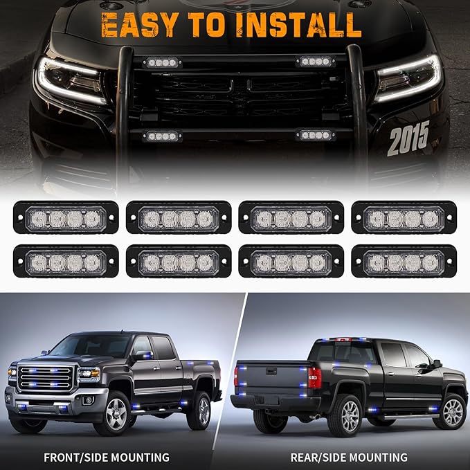 XRIDONSEN 8PCS Sync Blue White Grill Emergency Lights 32 LED Surface Mount Firefighter Police Lights Strobe Flashing Warning Safety Hazard First Responder Light for Vehicles Firefighters POV Trucks