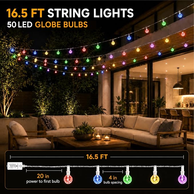 Crystal Globe String Lights 2500mAh Rechargeable Battery Operated | 16FT 50LED Outdoor Waterproof with Remote, Timer & 8 Modes, Fairy Lights for Yard Garden Patio Wedding Christmas (Multicolor)