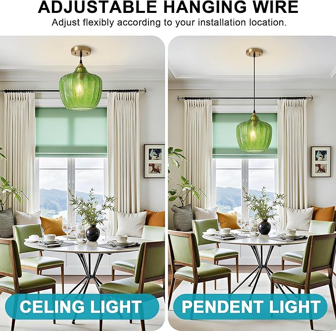 Modern Gold Pendant Light, Green Glass Farmhouse Kitchen Island Pendant Light Fixture Adjustable Vintage Hanging Ceiling Light for Dining Room Corridor 9.45 inch 1 Pack, UL Certification