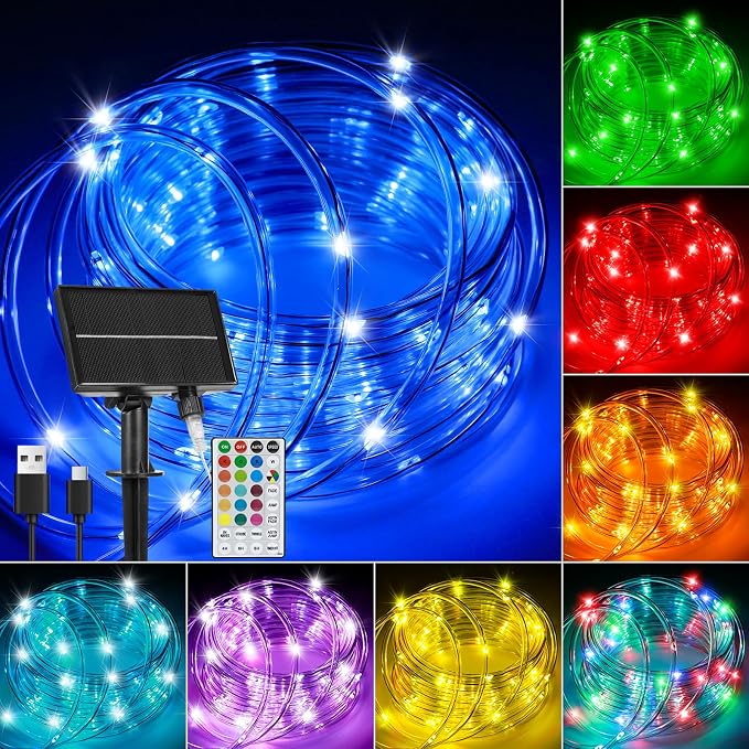 Solar Rope Lights Outdoor Waterproof, 33FT 100LED 18 Colors Changing Outdoor String Lights Tube Fairy Light with Remote & 8 Modes Trampoline Light for Camping Pool Tree Garden Yard Home Holiday Decor