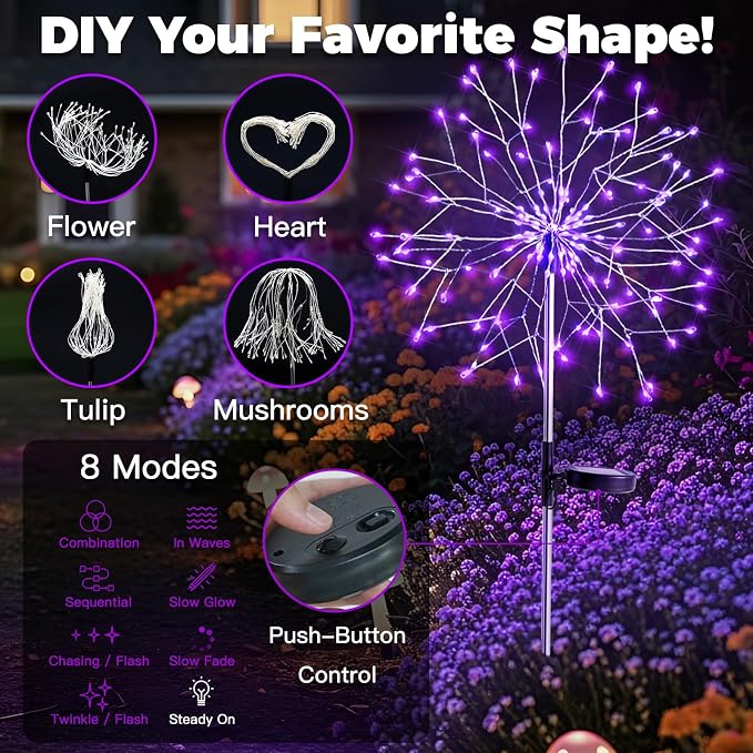 2 Pack Purple Halloween Lights Outdoor, 150LED Purple Solar Garden Lights with 8 Modes, Waterproof Solar Firework Light for Halloween Yard Garden Decorations