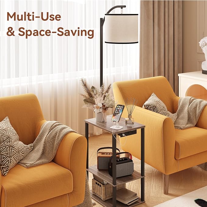 SUNMORY Floor Lamp with Table Shelves, End Side Table for Living Room | USB & AC Charging Stations, 3 Color Temperature 9W LED Bulb, Adjustable Shade, Modern Nightstand Lamps for Bedroom Office