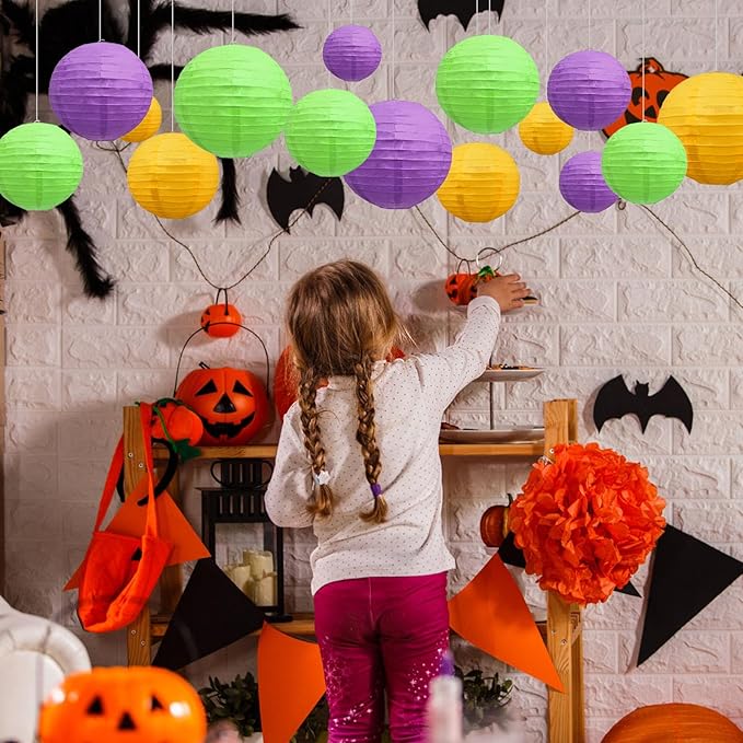 20Pcs Yellow Purple Green Paper Lanterns for Parties, 6” 8” 10” 12” Chinese Asian Hanging Round Paper Lanterns for Birthday Wedding Halloween Christmas Home Decor Party Decor