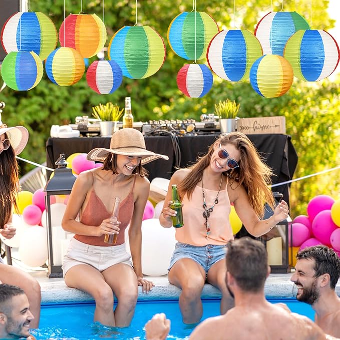 21Pcs Beach Ball Paper Lanterns Summer Luau Themed Hanging Decor - 4/6/8/10 Inch Multicolor Pool Party Decor for Outdoor Indoor Classroom Beach Birthday Party Supplies