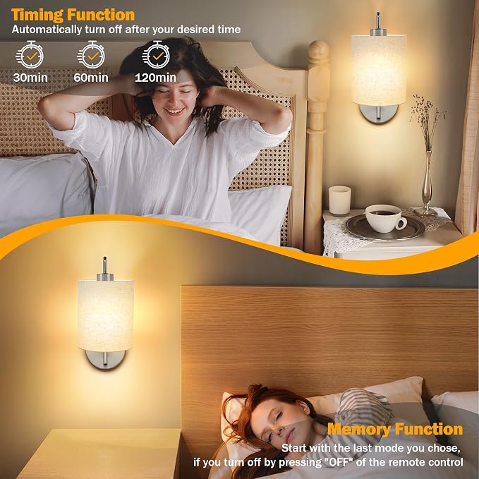 Battery Operated Wall Sconce Set of 2, Brushed Nickel Wall Light | Rechargeable Wall Mount Light Fixture, Dimmbale Bulb & Remote, 12 RGB Colors & Timer, Wireless Wall Lamp Linen Shade, Bedroom