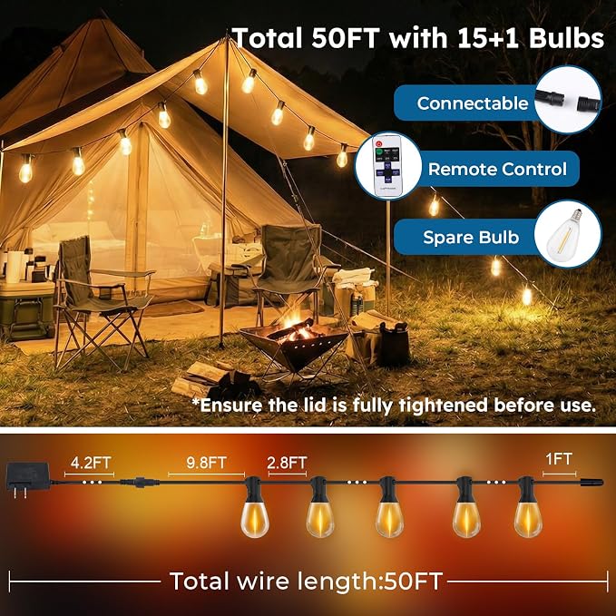 GvvooHome 50FT S11 LED Outdoor String Lights with App & Remote, Low-Voltage Patio Lights with Music Sync, 4 Lighting Modes, Dimmable, Waterproof LED Outdoor Lights for Porch, Deck, Garden, Backyard