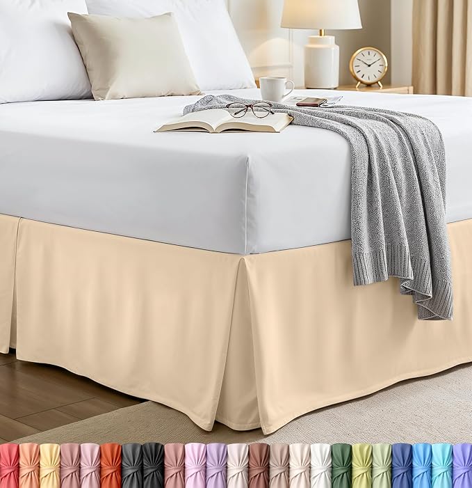 Queen Bed Skirt, Hides Under-Bed Storage 16 Inch Drop, Pleated, Beige | Easy Fit Design, Shrinkage & Fade Resistant, Hotel Style, Microfiber Durable Fabric, Machine Washable
