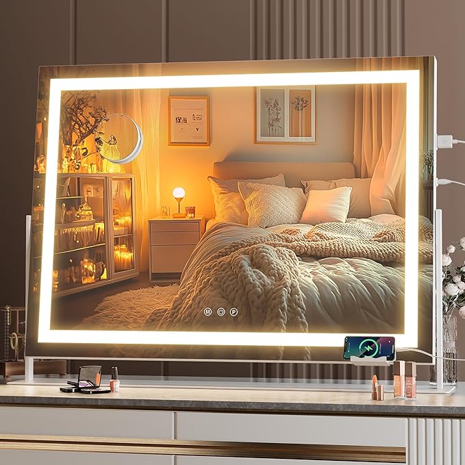 Hasipu Vanity Mirror with Lights, 28" x 20" LED Makeup Mirror, Light up Mirror with 10X Magnification and Phone Holder, USB Charging Port, Smart Touch 3 Colors Dimmable, 360° Rotation (White)