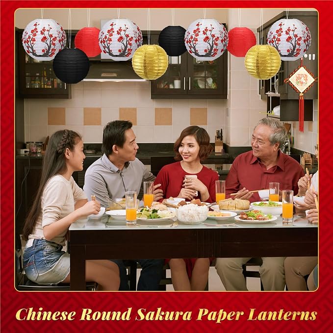 Mudder 20 Pack Chinese Japanese Paper Lanterns, Red Black Gold Sakura Cherry Blossom Hanging Lantern Decorations, Asian Theme Party Supplies for Birthday Wedding Restaurant Home Decor, Classic Style
