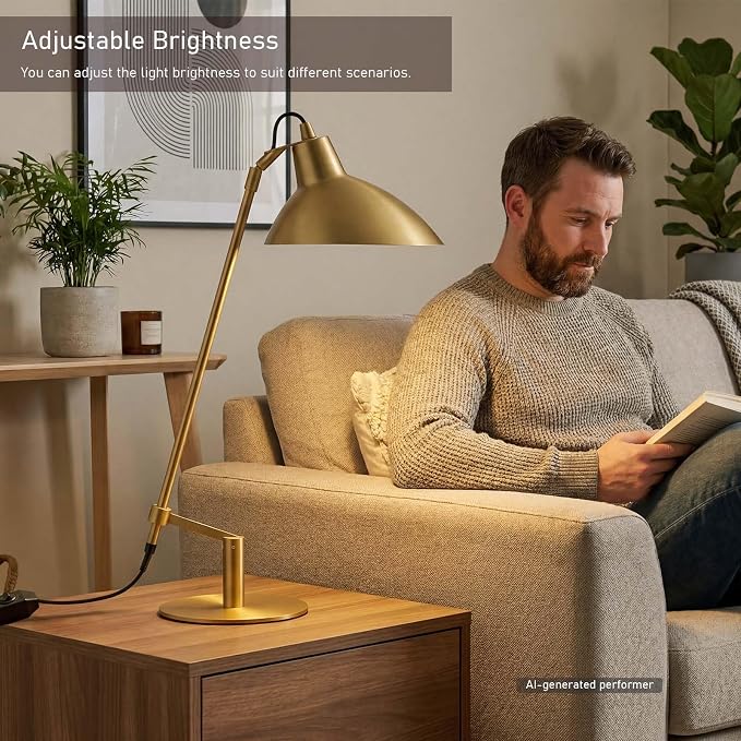 Desk Lamp Modern Industrial 100% Metal Adjustable Table Lamp 24", Natural Light (4000K) with Dimmer, Ideal for Office Bedroom Study Room Living Room Nightstand Bedside Lamps Brass