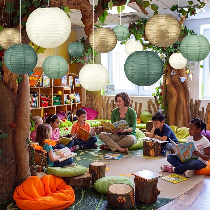 12 Pcs 10" Golg Greem Boho Paper Lanterns Party Classroom Decor