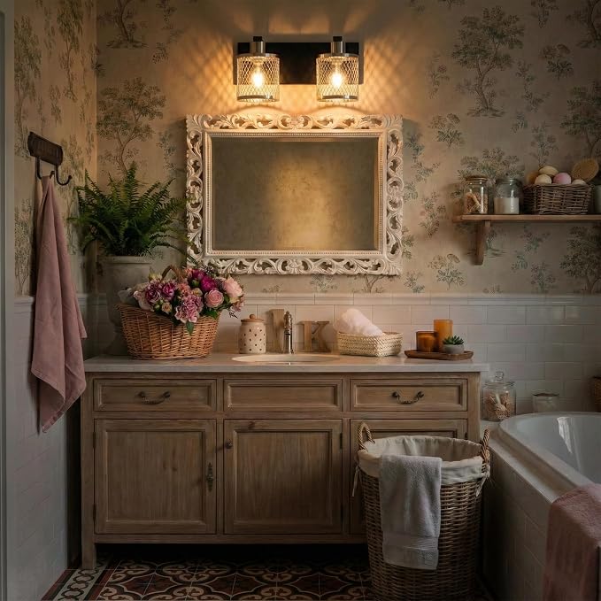 Bathroom Light Fixtures Brushed Nickel Vanity Lights 2 Lights Farmhouse Bathroom Vanity Light Vintage Design Wall Sconces Lighting for Mirror Attic Corridor Cellar Wall Lamps
