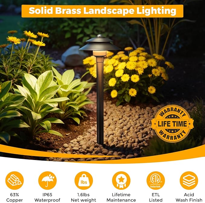 Solid Brass Low Voltage Landscape Pathway Lights (6'' Shade, 19'' Tall), 12V LED Heavy Duty Path Lighting Outdoor Wired, Waterproof Antique Bronze Walkway Light Without G4 Bulb, 4 Pack