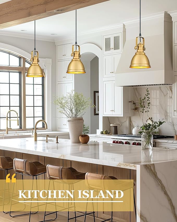 Pendant Lights Kitchen Island, Farmhouse Hanging Lights Fixtures with Metal Shade, Rustic Kitchen Pendant Lighting Over Island for Dining Room, Brushed Gold, AD-2151-1P-GD