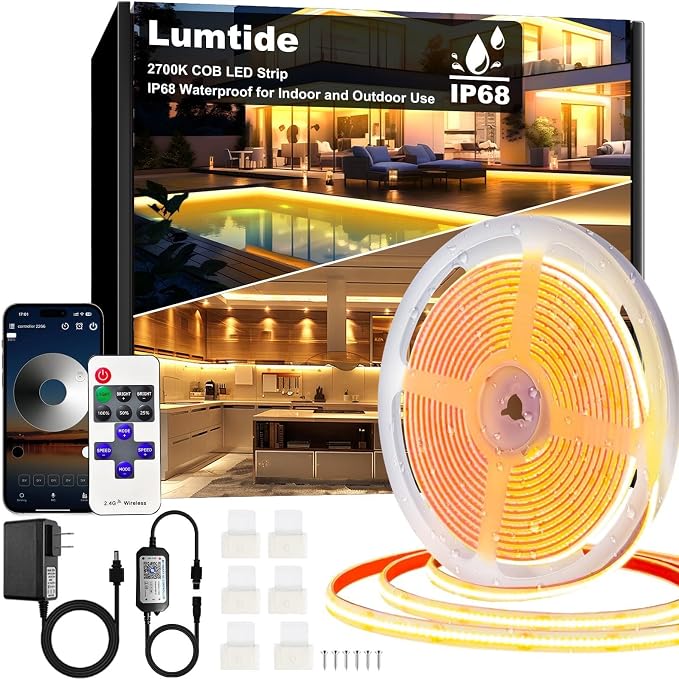 21FT COB Led Outdoor Strip Lights Waterproof IP68 | 24V 2700K Warm White Outdoor Led Strip with APP and Remote Control, Suitable for Eaves, Garden, Pool, Terrace, Bathroom