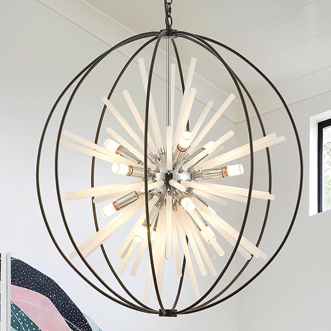 31.5" Black Chrome Large Globe Sputnik Chandelier, 16-Light Mid Century Modern Glass Tube Satellite Light Fixture for High Ceiling Living Room Dining Room Entryway Stairway, E12
