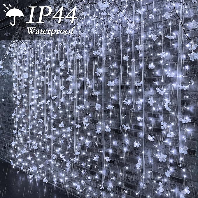 300 LED Cool White Curtain String Lights 9.8x9.8FT Plug in Fairy Lights with 9 Hooks Dimmable Timer & 8 Modes IP44 Waterproof Bedroom Office Wall Wedding Backdrop Christmas Indoor Outdoor Decor