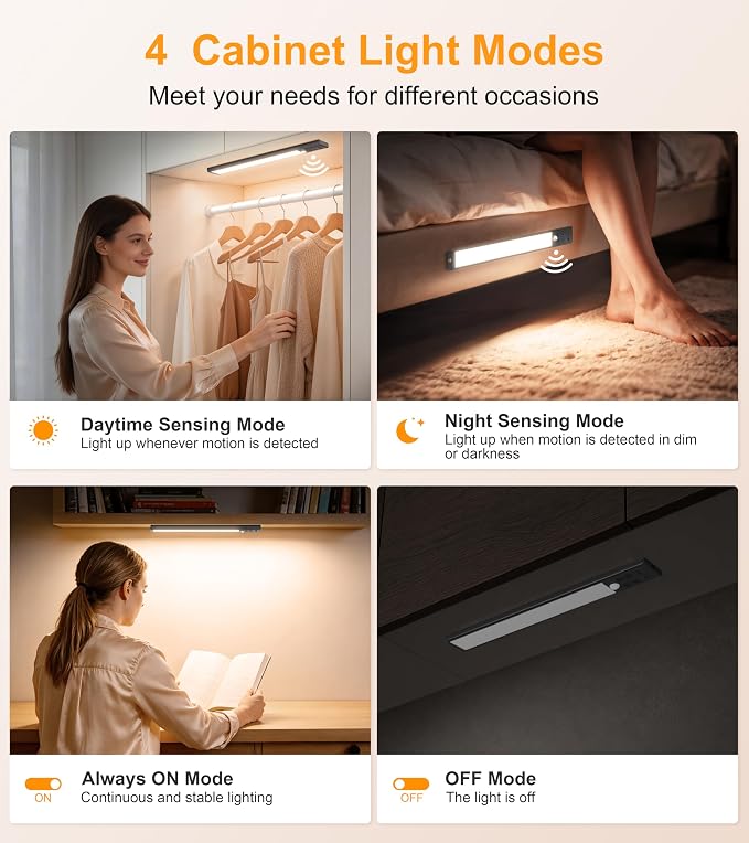 Gritin 2026 Gen 2 12.7inch Under Cabinet Lighting with Flashlight Mode | 5 Colors & 6 Brightness,Super Bright,4 Modes,Motion Sensor,Long Lasting,Easy Installation Under Closet Lights-2 Pack-Black