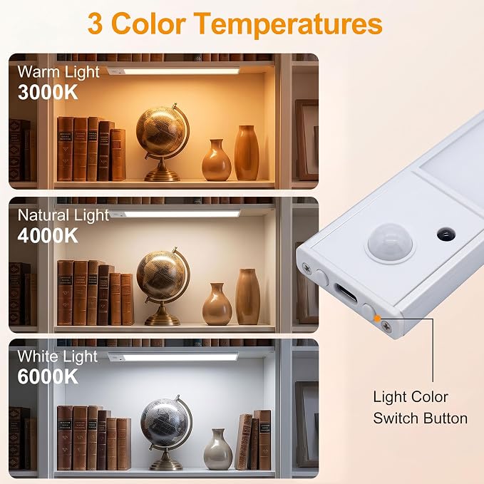Zhuanxu 12inch Under Cabinet Lighting Wireless, Closet Light, Rechargeable LED Motion Sensor Indoor, 3 Color Temps&4 Modes Kitchen Light, Long Lasting, Stick-On Magnetic Led Lights for Bedrooms, 2PC