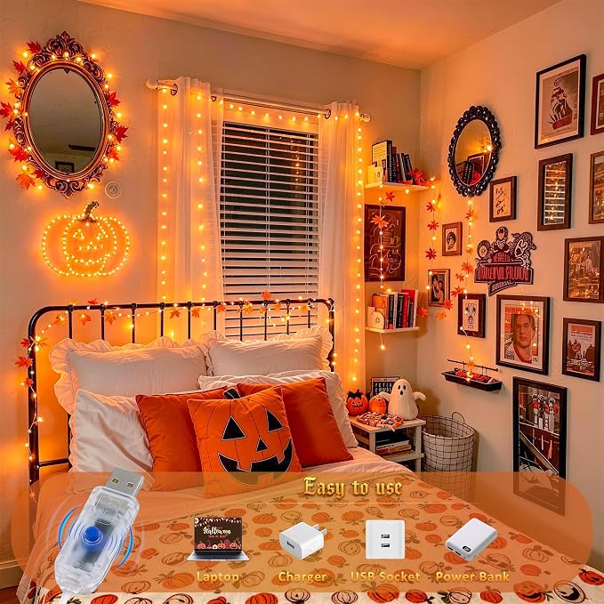 JMEXSUSS 100 LED USB Orange Fairy Lights Plug in, 33 Ft Orange Lights | Mini Twinkle Fall Lights for Indoor Fireplace Tree Autumn Thanksgiving Party Car Halloween Decor, Remote with 8 Modes, DIY