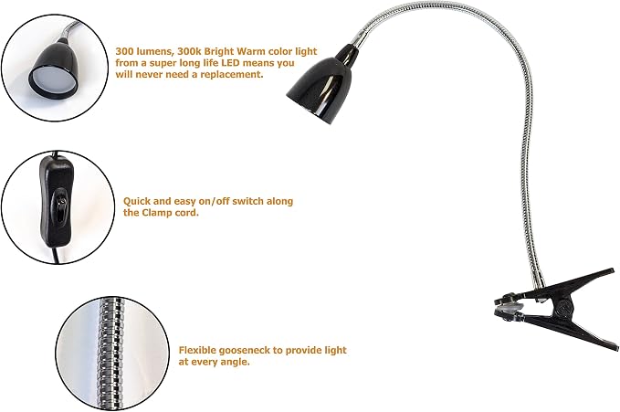 Newhouse Lighting NHCLP-LED-BLK Black Metal Flexible Clamp-Style LED Goose Neck Desk Lamp in 3000K Warm White Color Temperature with Power Adapter and 6 ft. Power Cord