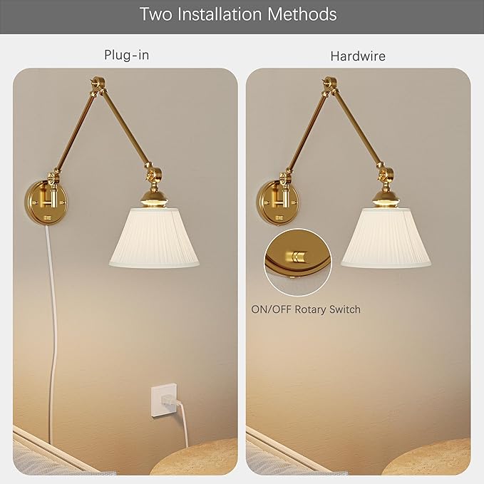 Plug in Wall Sconces Set of Two, Gold Swing Arm Wall Lamp with 6.6FT Plug-in Cord and Knob Switch, Fabric Hardwired Wall Lights for Bedroom, Reading, Study Room, Office, Living Room (2 Pack)