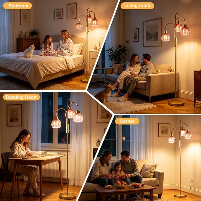 3-Light Glass Floor Lamp, 70" Gold Dimmable Standing Tall Lamp with Deep Red Ribbed Glass Shades &3PCS 3000K Warm White Bulbs, Modern Tree Pole Lamp for Living Room Bedroom Home Office Corner Decor
