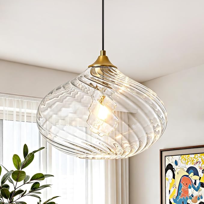 11in Gold Pendant Lights Kitchen Island with Clear Glass Shade 1Pack | Handcrafted Glass Pendant Light Fixtures, UL Certified, E26 Base 100W Max, Height-Adjustable, Dimmable Hanging Pendant Light