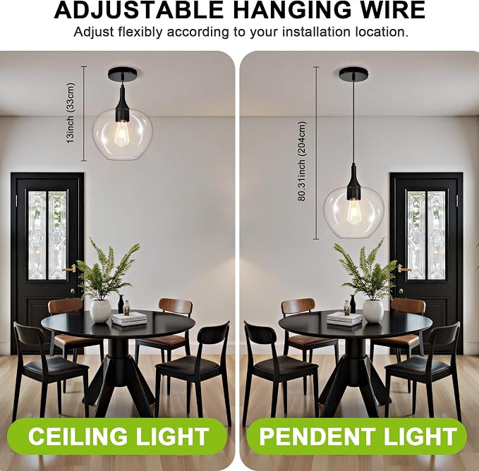 9.45in Black Pendant Lights Kitchen Island with Clear Glass Shade 1Pack | Handcrafted Glass Pendant Light Fixtures, UL Certified, E26 Base 100W Max, Height-Adjustable, Dimmable Hanging Pendant Light