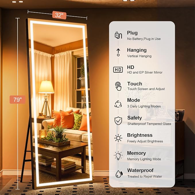 79" x 32" Full Length Mirror with Lights, Large LED Lighted Floor Standing Body Mirror, Dimmable & 3 Color Lighting for Bedroom, Cloakroom, Dressing Room, Tempered Glass, Black Frame
