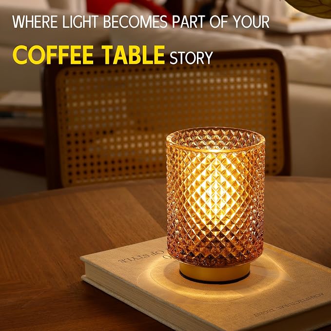 ULAROOM Battery Operated Decorative Lamp,1pack Amber | Cordless Glass Accent Lamp,6h off 18h on,Small Luxury Warm White Lamp for Bedside,Bookshelf,Entryway,Tabletop,Counter