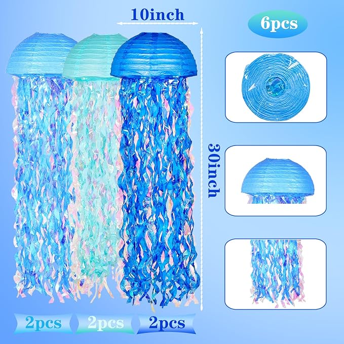 10" Blue Hanging Jellyfish Paper Lanterns - Under the Sea Party & Mermaid Birthday Decorations, Baby Shower, Nautical Events, Ocean Theme Classroom & Beach Room Decor (Set of 6)
