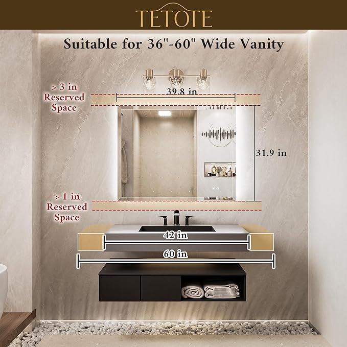 TETOTE 40 x 32 Backlit Mirror Bathroom, LED Vanity Mirror with Beveled Edge, Safe Tempered Glass, 3 Color Temperature, Anti-Fog, Dimmable, Smart Bathroom Mirror, Wall-Mounted Vanity Mirrors
