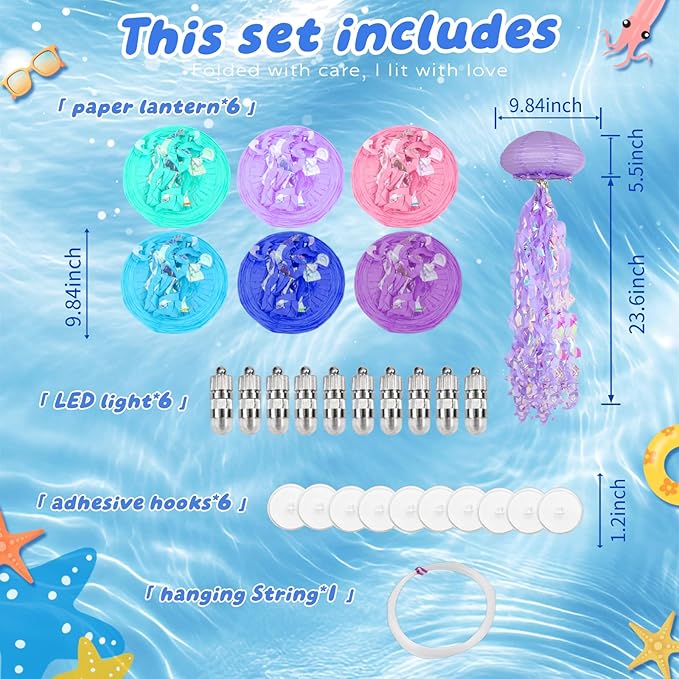 Jellyfish Paper Lanterns with LED Lights Set of 6, Multicolor Oval Hanging Floating Decorations for Under The Sea Party Mermaid Birthday Ocean Classroom Beach Room Aesthetic
