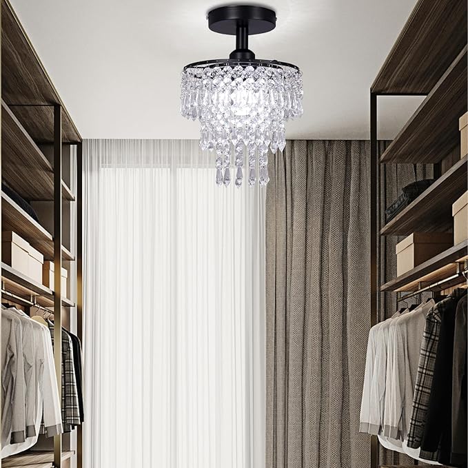 FRIXCHUR Small Crystal Chandelier Flush Mount Ceiling Light 3 Tiers Raindrops Crystal Chandeliers for Bedroom Hallway Foyer Living Room Entryway Closet,Black