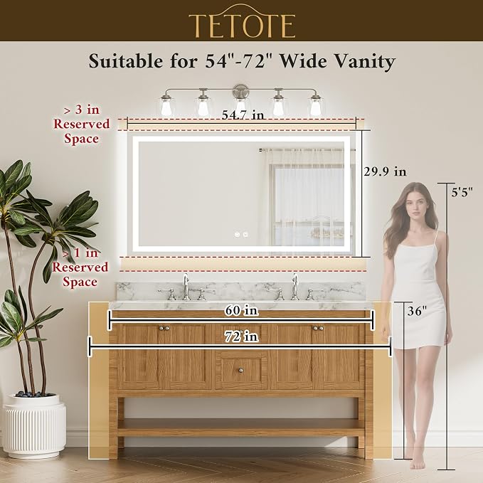55 x 30 LED Bathroom Mirror with Frontlit and Backlit, Brighter Light up Bathroom Vanity Mirror with Lights, 3-Color Dimmable Lighted Vanity Anti Fog Mirror, Waterproof, Shatterproof
