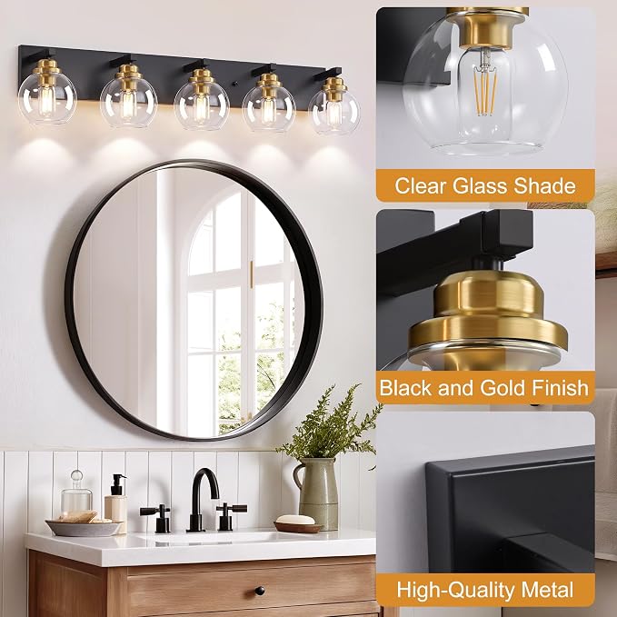 LmnLvn Bathroom Light Fixtures, Farmhouse Black & Gold Metal with Globe | 5-Light Rustic Vanity Lights,Easy To Install, Mounted Over Mirror for Bathroom, Bedroom & Hallway