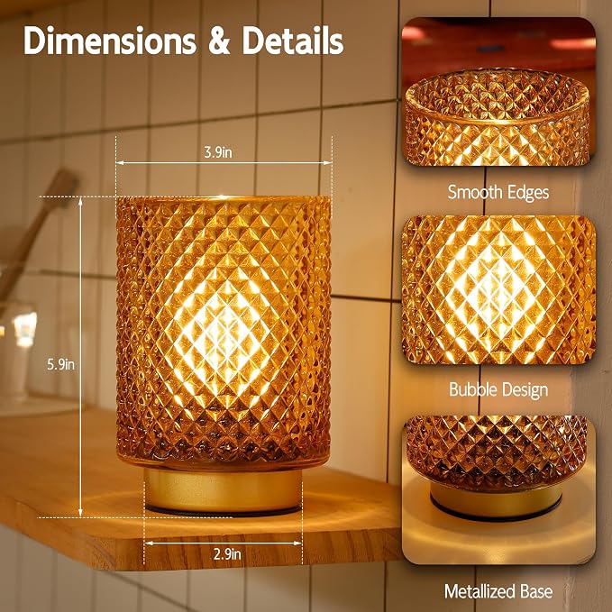 ULAROOM Battery Operated Decorative Lamp,1pack Amber | Cordless Glass Accent Lamp,6h off 18h on,Small Luxury Warm White Lamp for Bedside,Bookshelf,Entryway,Tabletop,Counter