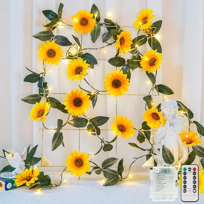 Sunflower Garland with 60LED Fairy Light Battery Operated Clear Wire | Vines with String Lights,with Remote,Flower Hanging Lights for Indoor,Outdoor,Bedroom,Wedding,Wall,Party (Warm White)