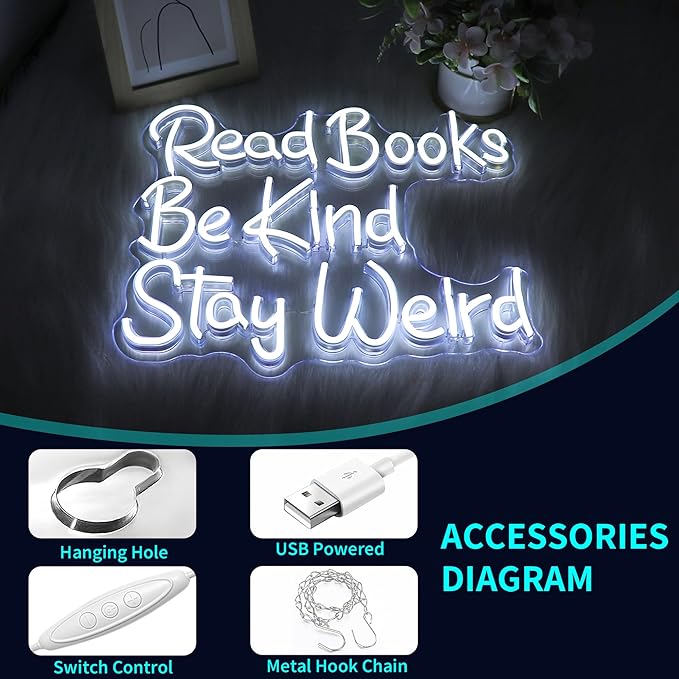 Neon Sign, JGHTURIE Read Books Neon Signs for Wall Decor White Led Lights Signs for Classroom Office Library Bookshop Study Room Decoration USB Powered