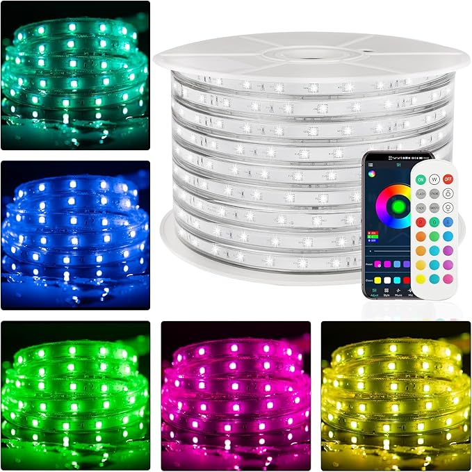 20ft Outdoor LED Strip Lights Waterproof,RGB LED Rope Lights Outdoor Waterproof Color Changing APP Remote Control Music Sync,36LED/m Flexible Rope Lights for Outside Camper Pool Deck Christmas