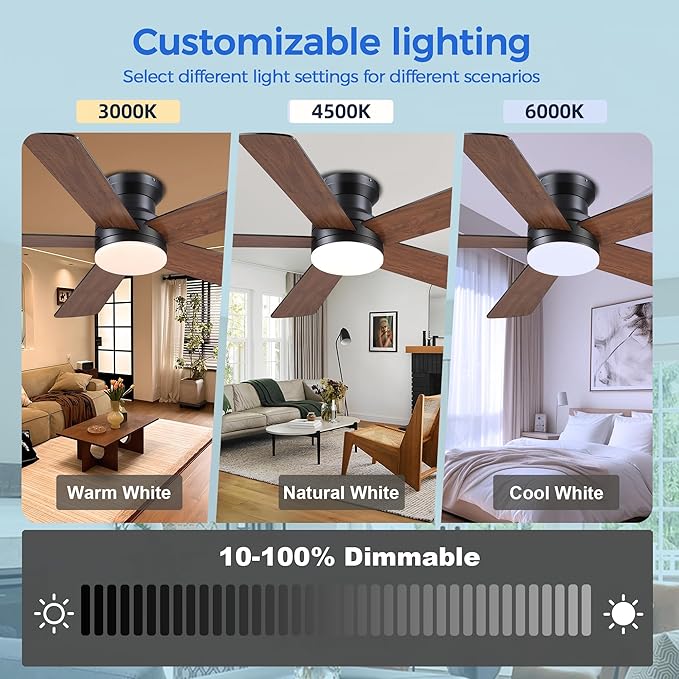 Flush Mount Ceiling Fan with Light and Remote/APP - 48" Low Profile Ceiling Fan with 3CCT Dimmable, 5 Reversible Blades, Modern Indoor Fan Light Fixtures for Bedroom, Kitchen