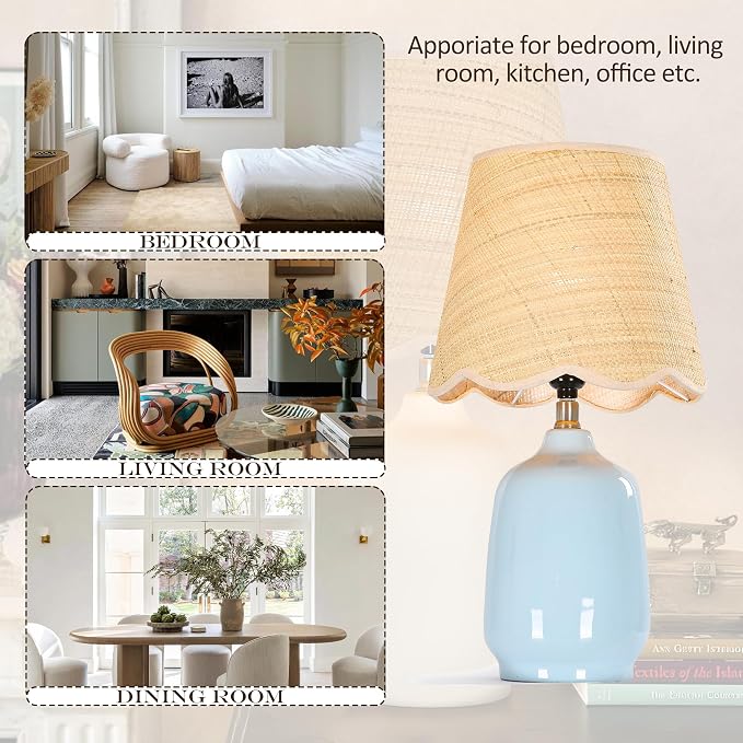 19" Modern Ceramic Table Lamp for Living Room Light Bule Base Desk Lamps for Bedroom Farmhouse Bedside Nightstand Lamp End Table Lamps,Sky Bule,Rattan Shade