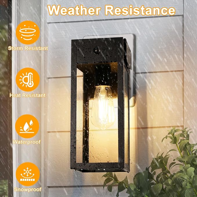 Porch Lights with GFCI Outlet, 2-Pack Motion Sensor Outdoor Lights | Dusk to Dawn, Anti-Rust, Waterproof, Tempered Glass, Easy Installation, E26 Socket, Exterior Lighting for Patio Garage, Black