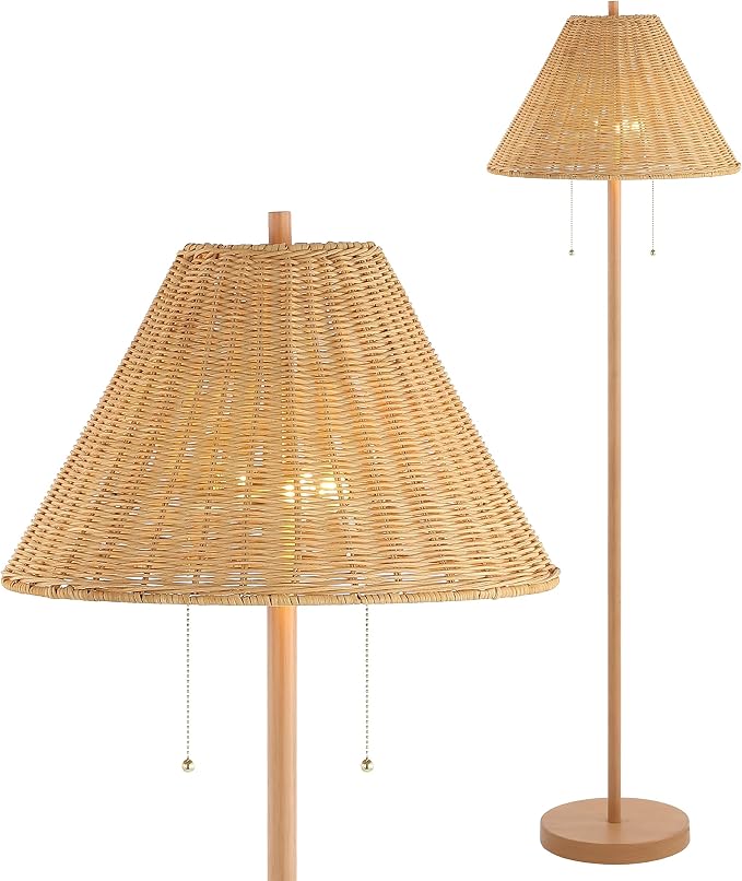 JONATHAN Y Nando 2-Light Coastal Rattan Floor Lamp 61", Brown Wood Finish | Mid-Century Modern, Standing Lamp, Metal Base, Pull-Chain Switch, Woven Coolie Shade, LED Bulbs Included