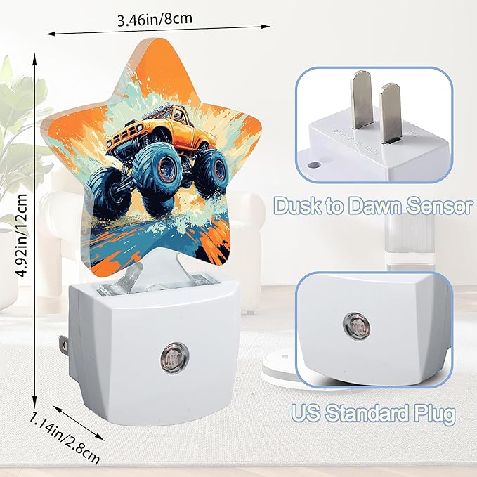 Cartoon Truck Nightlight,Cool Vehicle Cars Star Night Lights Plug into Wall Decorations for Bedroom Bathroom,Dusk to Dawn Sensor Kitchen Hallway Stairs Energy Efficient Desk Lamp