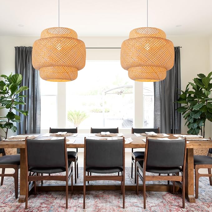 Bamboo Pendant Light,15.8" Rattan Chadelier | 15.75" Boho Bamboo Hanging Light,Hand Woven Rattan Chandelier for Kitchen Island Dining Bedroom Living Room Restaurant